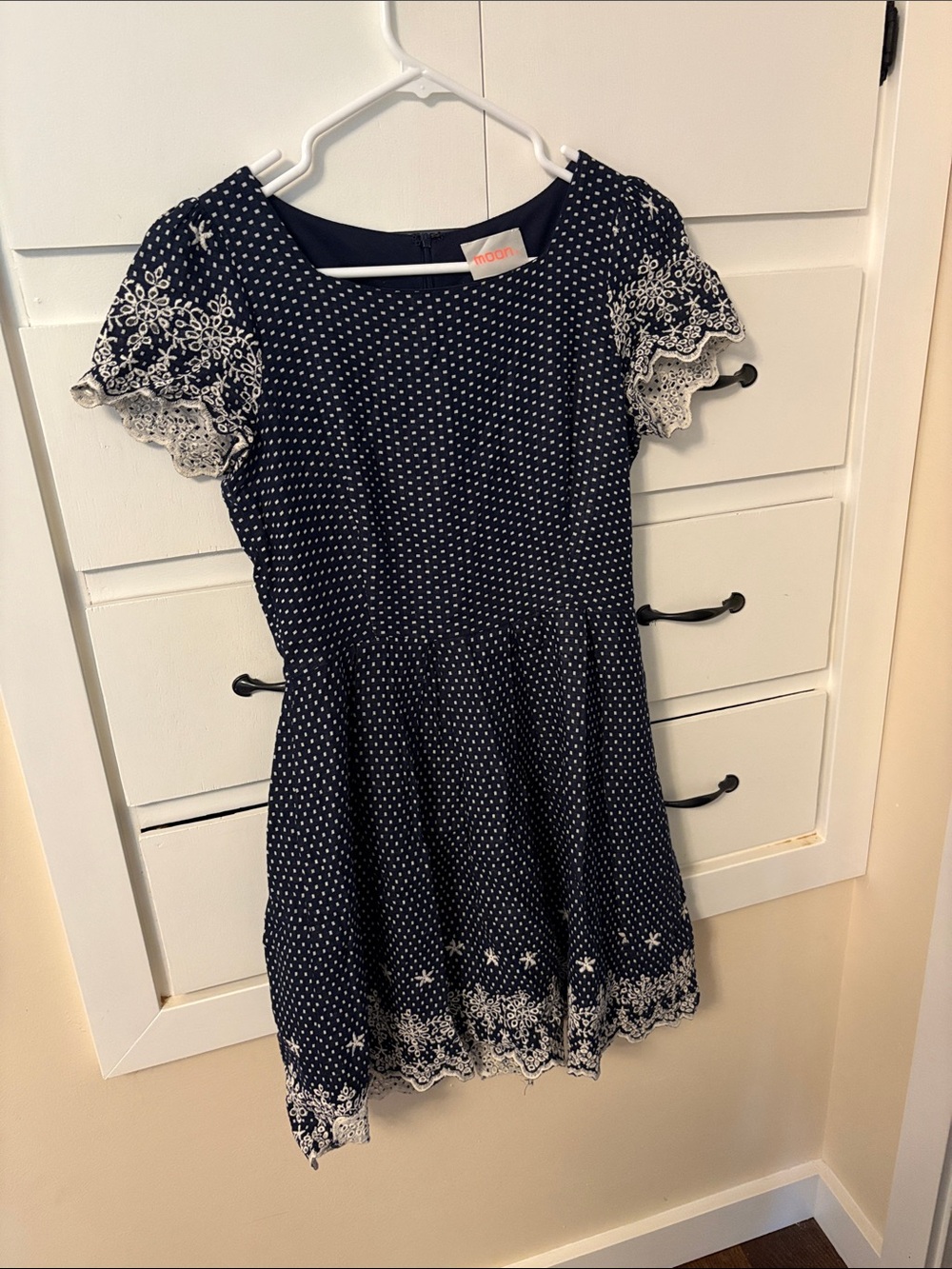 Navy Polka Dot Lace-Trim Mini Dress